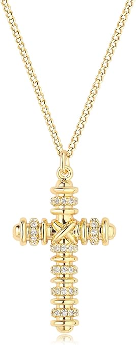 Cross Pendant Necklace for Women 14K Gold Plated Cubic Zirconia Evil Eye Butterfly Angel Wing Disc Coin Necklace Minimalist Religious Faith Jewelry Gift for XL-041