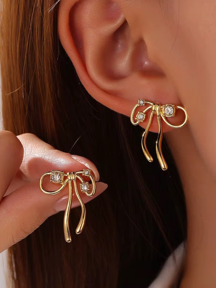 gold bow earrings crystal accent earrings dainty earrings minimalist design elegant jewelry chic style feminine accessory trendy gold earrings EH-041