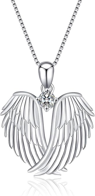 Angel Wings Necklace 925 Sterling Silver Guardian Angel Wings Pendant Necklace Birthstone Necklace for Women Girls Christmas Jewelry Gifts  XL-042