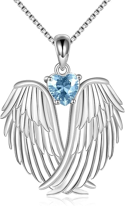 Angel Wings Necklace 925 Sterling Silver Guardian Angel Wings Pendant Necklace Birthstone Necklace for Women Girls Christmas Jewelry Gifts  XL-042