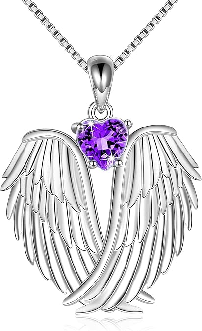 Angel Wings Necklace 925 Sterling Silver Guardian Angel Wings Pendant Necklace Birthstone Necklace for Women Girls Christmas Jewelry Gifts  XL-042