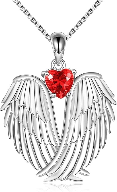 Angel Wings Necklace 925 Sterling Silver Guardian Angel Wings Pendant Necklace Birthstone Necklace for Women Girls Christmas Jewelry Gifts  XL-042