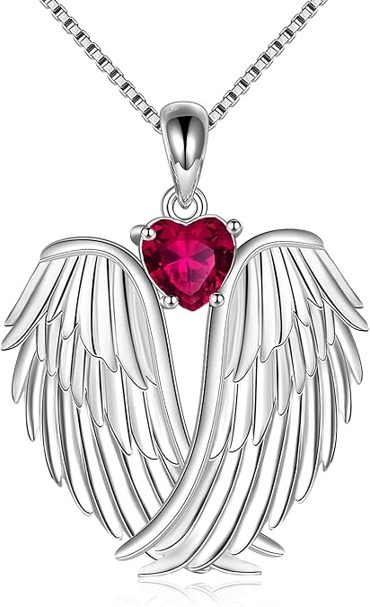 Angel Wings Necklace 925 Sterling Silver Guardian Angel Wings Pendant Necklace Birthstone Necklace for Women Girls Christmas Jewelry Gifts  XL-042
