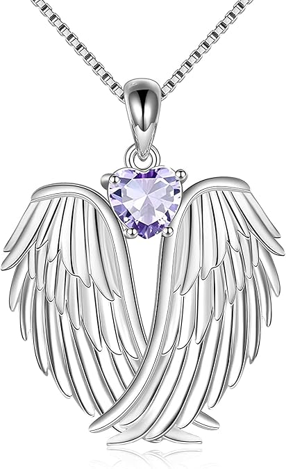 Angel Wings Necklace 925 Sterling Silver Guardian Angel Wings Pendant Necklace Birthstone Necklace for Women Girls Christmas Jewelry Gifts  XL-042