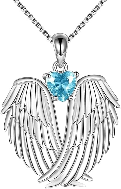 Angel Wings Necklace 925 Sterling Silver Guardian Angel Wings Pendant Necklace Birthstone Necklace for Women Girls Christmas Jewelry Gifts  XL-042