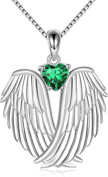 Angel Wings Necklace 925 Sterling Silver Guardian Angel Wings Pendant Necklace Birthstone Necklace for Women Girls Christmas Jewelry Gifts  XL-042