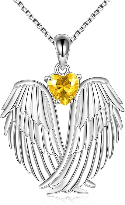 Angel Wings Necklace 925 Sterling Silver Guardian Angel Wings Pendant Necklace Birthstone Necklace for Women Girls Christmas Jewelry Gifts  XL-042
