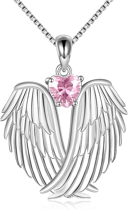Angel Wings Necklace 925 Sterling Silver Guardian Angel Wings Pendant Necklace Birthstone Necklace for Women Girls Christmas Jewelry Gifts  XL-042