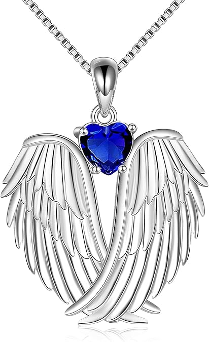 Angel Wings Necklace 925 Sterling Silver Guardian Angel Wings Pendant Necklace Birthstone Necklace for Women Girls Christmas Jewelry Gifts  XL-042