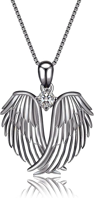 Angel Wings Necklace 925 Sterling Silver Guardian Angel Wings Pendant Necklace Birthstone Necklace for Women Girls Christmas Jewelry Gifts  XL-042