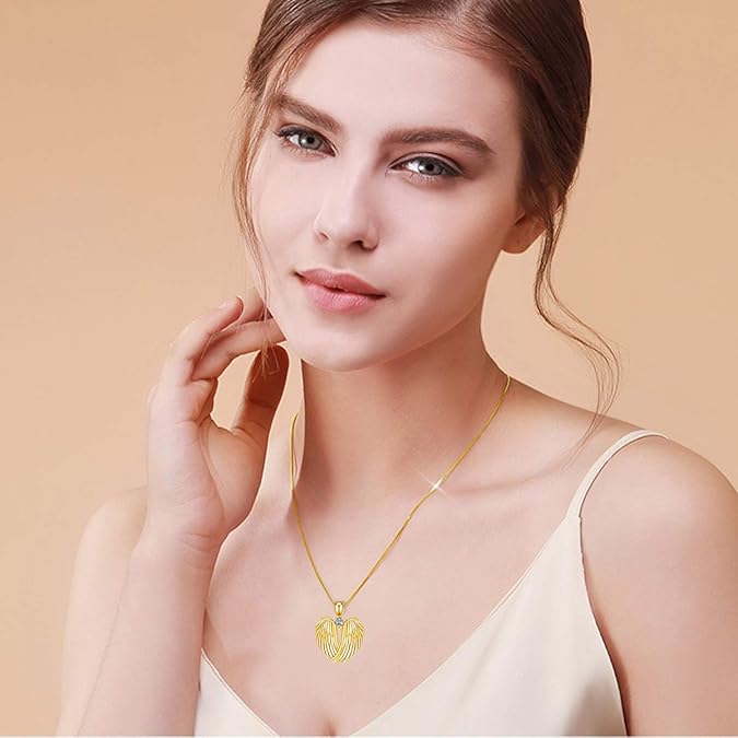 Angel Wings Necklace 925 Sterling Silver Guardian Angel Wings Pendant Necklace Birthstone Necklace for Women Girls Christmas Jewelry Gifts  XL-042