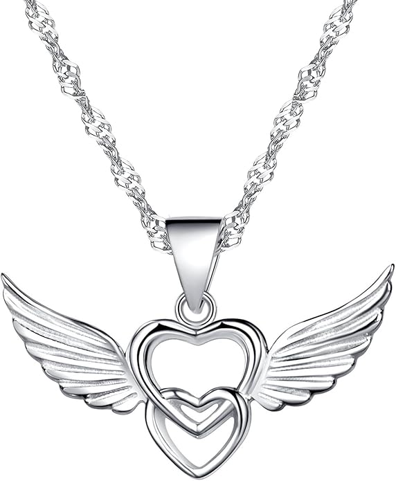 925 Sterling Silver Double Hearts Angel Wings Pendant Necklace,Rose Gold/Silver (Silver) XL-043
