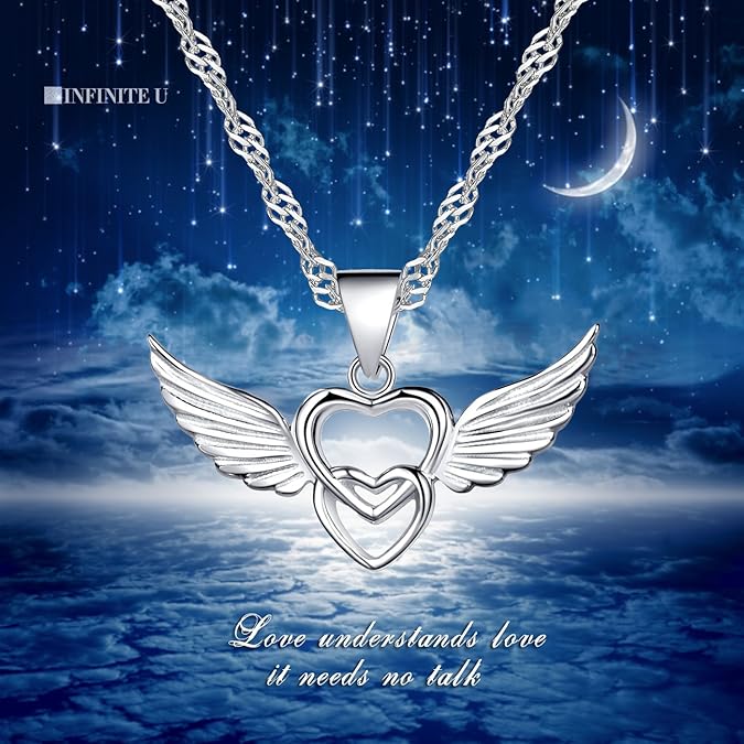 925 Sterling Silver Double Hearts Angel Wings Pendant Necklace,Rose Gold/Silver (Silver) XL-043