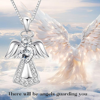 925 Sterling Silver Guardian Angel Pendant Necklace for Women You Are My Angel With Wings Pendant Necklace Birthday Thanksgiving Day Mother's Day Christmas Day Jewelry Gift XL-042