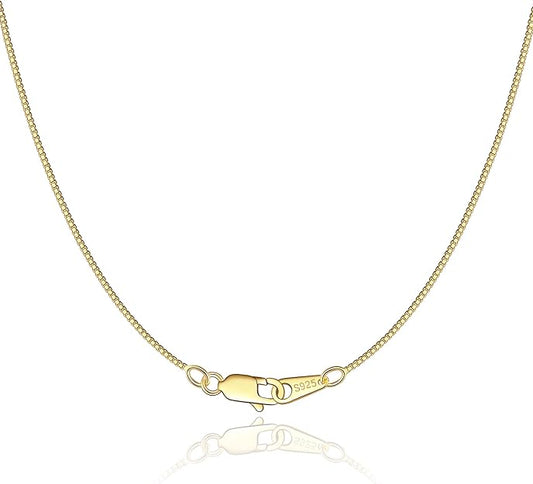 Solid 18K Gold Over 925 Sterling Silver Chain Necklace for Women Girls, 0.8mm Box Chain Lobster Claw Clasp-Super Thin & Strong Necklace Chain 16/18/20/22/24 Inch XL-044