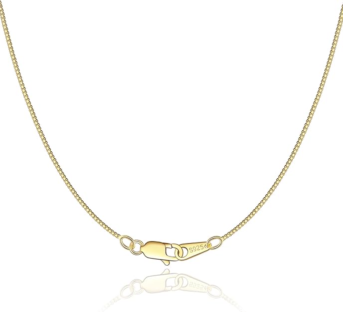 Solid 18K Gold Over 925 Sterling Silver Chain Necklace for Women Girls, 0.8mm Box Chain Lobster Claw Clasp-Super Thin & Strong Necklace Chain 16/18/20/22/24 Inch XL-044