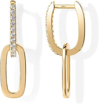 14K Gold Plated Convertible Paperclip Link Huggie Hoop Earrings for Women - Earscape Statement Jewelry - Trendy Cubic Zirconia Two-Toned Rope Drop Dangle Earrings EH-043