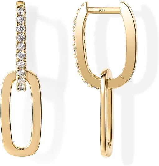 14K Gold Plated Convertible Paperclip Link Huggie Hoop Earrings for Women - Earscape Statement Jewelry - Trendy Cubic Zirconia Two-Toned Rope Drop Dangle Earrings EH-043