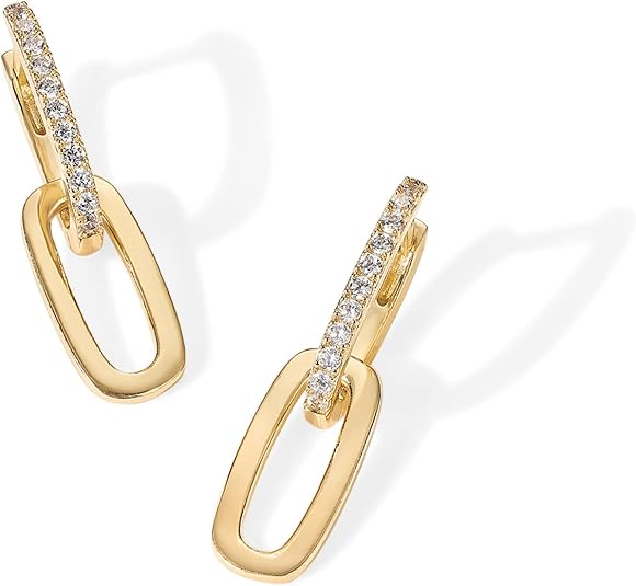 14K Gold Plated Convertible Paperclip Link Huggie Hoop Earrings for Women - Earscape Statement Jewelry - Trendy Cubic Zirconia Two-Toned Rope Drop Dangle Earrings EH-043