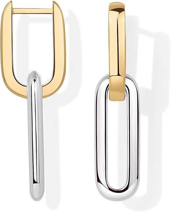 14K Gold Plated Convertible Paperclip Link Huggie Hoop Earrings for Women - Earscape Statement Jewelry - Trendy Cubic Zirconia Two-Toned Rope Drop Dangle Earrings EH-043