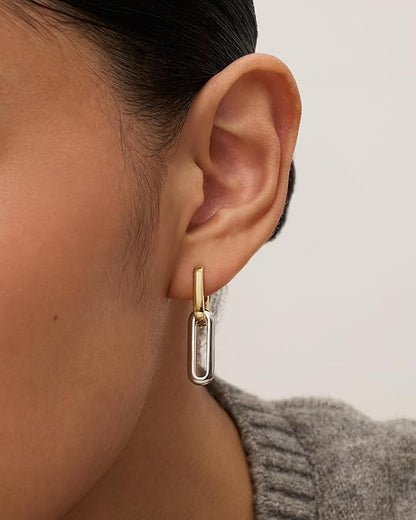 14K Gold Plated Convertible Paperclip Link Huggie Hoop Earrings for Women - Earscape Statement Jewelry - Trendy Cubic Zirconia Two-Toned Rope Drop Dangle Earrings EH-043