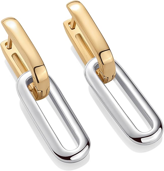 14K Gold Plated Convertible Paperclip Link Huggie Hoop Earrings for Women - Earscape Statement Jewelry - Trendy Cubic Zirconia Two-Toned Rope Drop Dangle Earrings EH-043