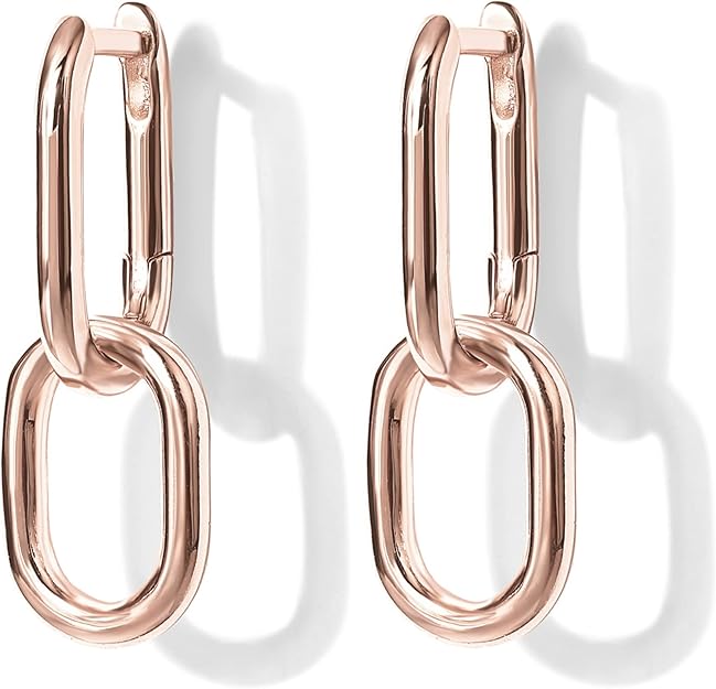14K Gold Plated Convertible Paperclip Link Huggie Hoop Earrings for Women - Earscape Statement Jewelry - Trendy Cubic Zirconia Two-Toned Rope Drop Dangle Earrings EH-043