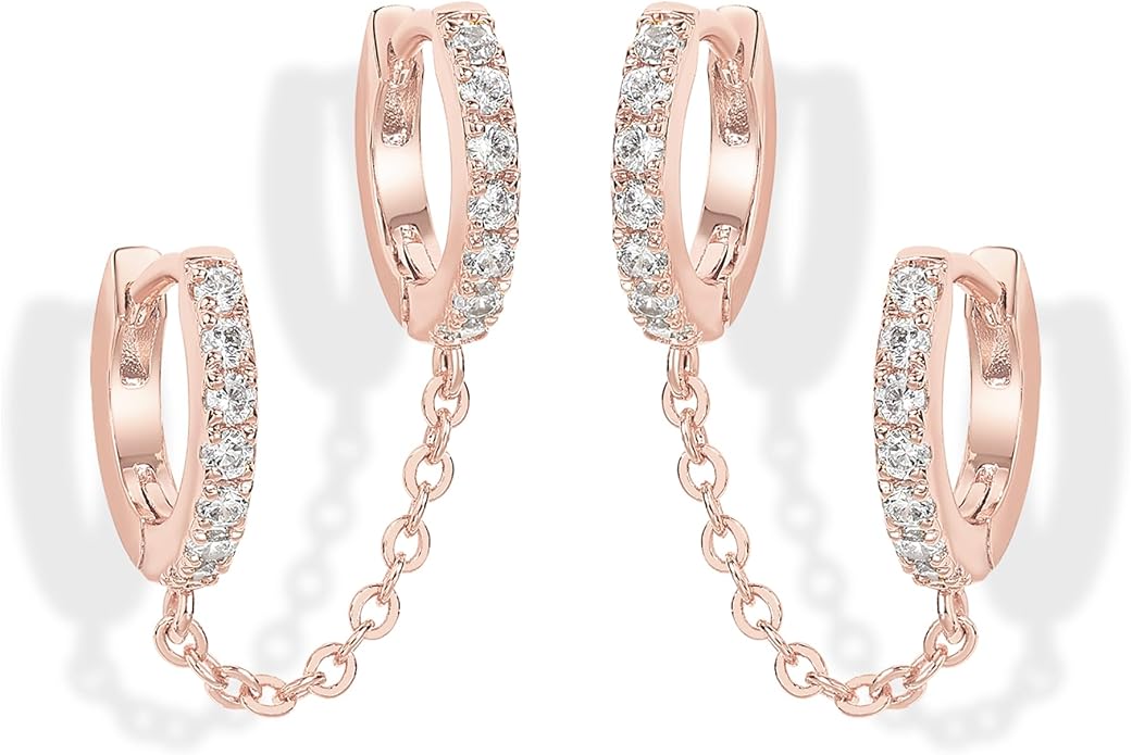 gold chain earrings cubic zirconia chain earrings double hoop earrings dangle earrings pearl accent earrings gold huggie earrings ear cuff earrings elegant jewelry minimalist design trendy earrings EH-044