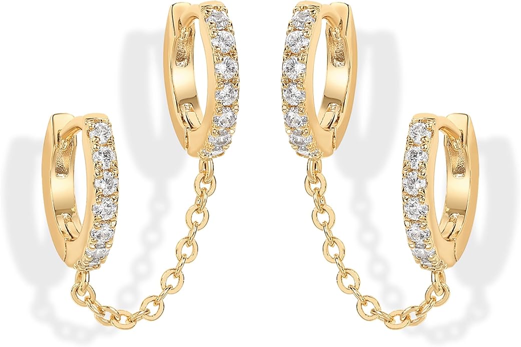 gold chain earrings cubic zirconia chain earrings double hoop earrings dangle earrings pearl accent earrings gold huggie earrings ear cuff earrings elegant jewelry minimalist design trendy earrings EH-044