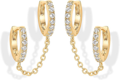 gold chain earrings cubic zirconia chain earrings double hoop earrings dangle earrings pearl accent earrings gold huggie earrings ear cuff earrings elegant jewelry minimalist design trendy earrings EH-044