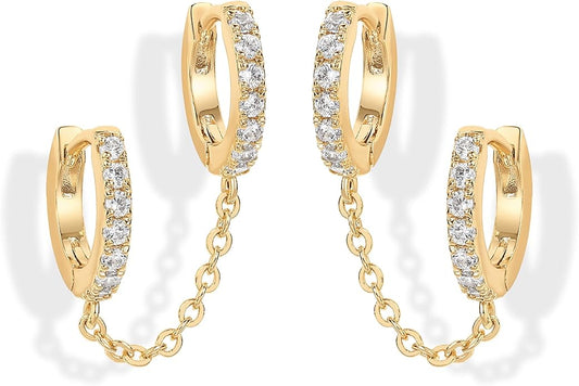 gold chain earrings cubic zirconia chain earrings double hoop earrings dangle earrings pearl accent earrings gold huggie earrings ear cuff earrings elegant jewelry minimalist design trendy earrings EH-044