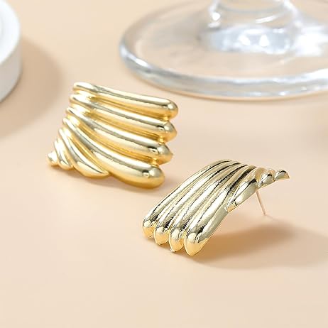 Minimalist Alloy Chunky Striped Rectangle Geometric Square Statement Stud Earrings for Women Jewelry EH-047