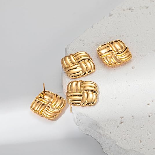 Gold Statement Chunky Stud Earrings for Women，Geometric Square Textured Vintage Trendy Jewelry EH-048