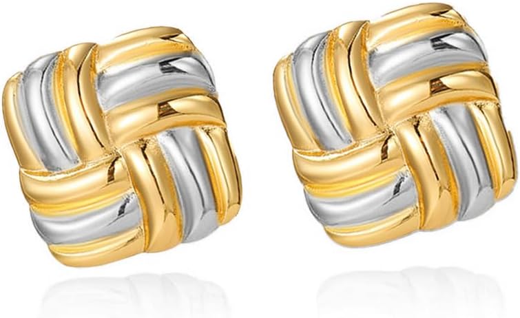 Gold Statement Chunky Stud Earrings for Women，Geometric Square Textured Vintage Trendy Jewelry EH-048