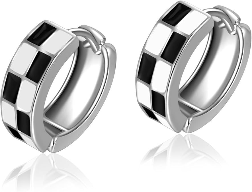 Chic Checker Small Hoop Cartilage Earrings Teacher Earrings for Women；White Black Enamel Hypoallergenic Hooped Gifts Gold and Silver tone EH-049