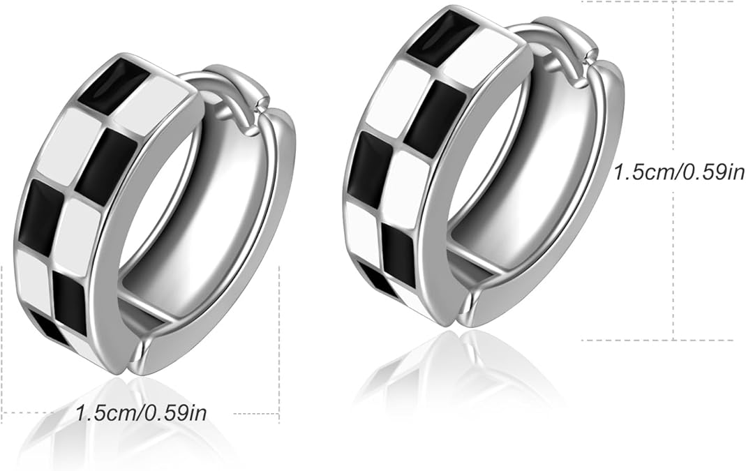Chic Checker Small Hoop Cartilage Earrings Teacher Earrings for Women；White Black Enamel Hypoallergenic Hooped Gifts Gold and Silver tone EH-049