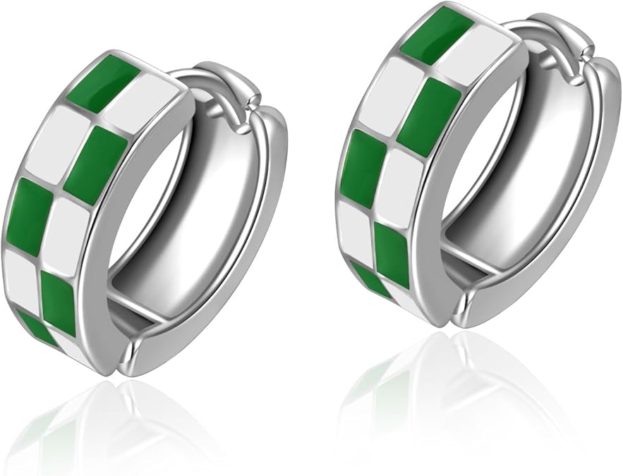 Chic Checker Small Hoop Cartilage Earrings Teacher Earrings for Women；White Black Enamel Hypoallergenic Hooped Gifts Gold and Silver tone EH-049