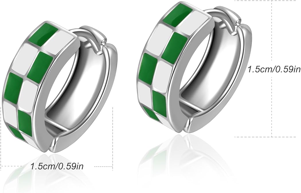 Chic Checker Small Hoop Cartilage Earrings Teacher Earrings for Women；White Black Enamel Hypoallergenic Hooped Gifts Gold and Silver tone EH-049