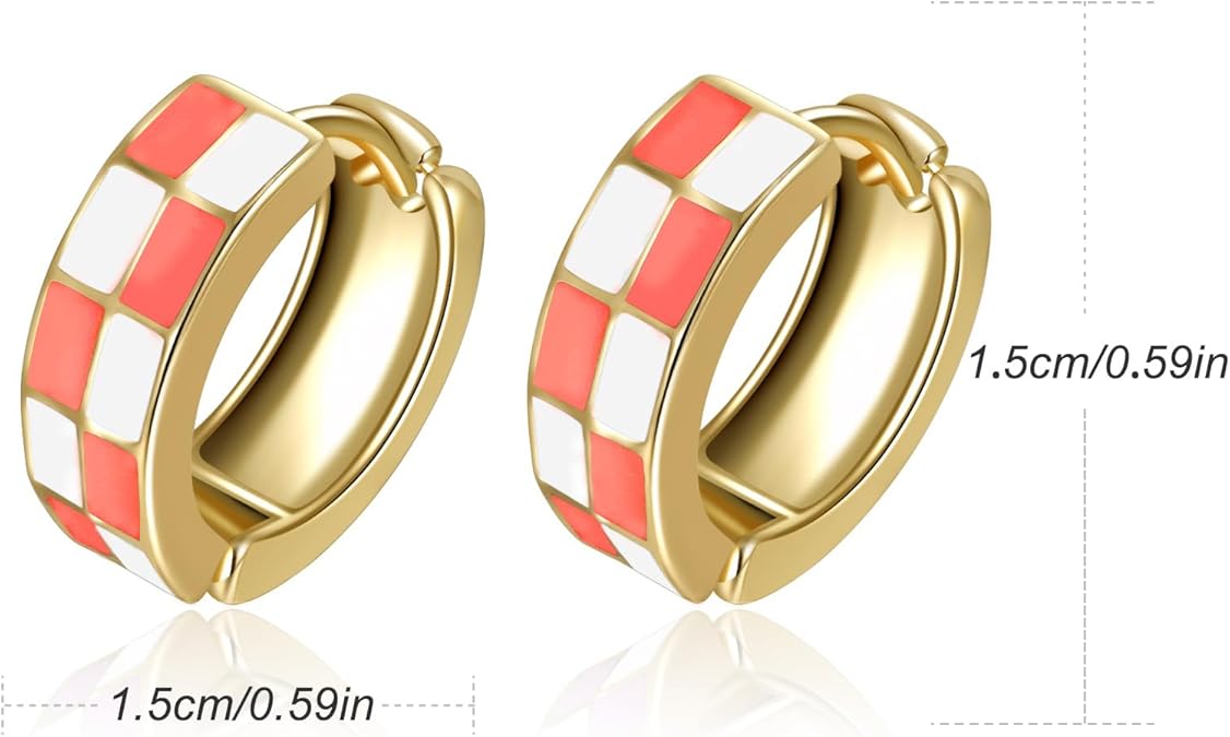 Chic Checker Small Hoop Cartilage Earrings Teacher Earrings for Women；White Black Enamel Hypoallergenic Hooped Gifts Gold and Silver tone EH-049