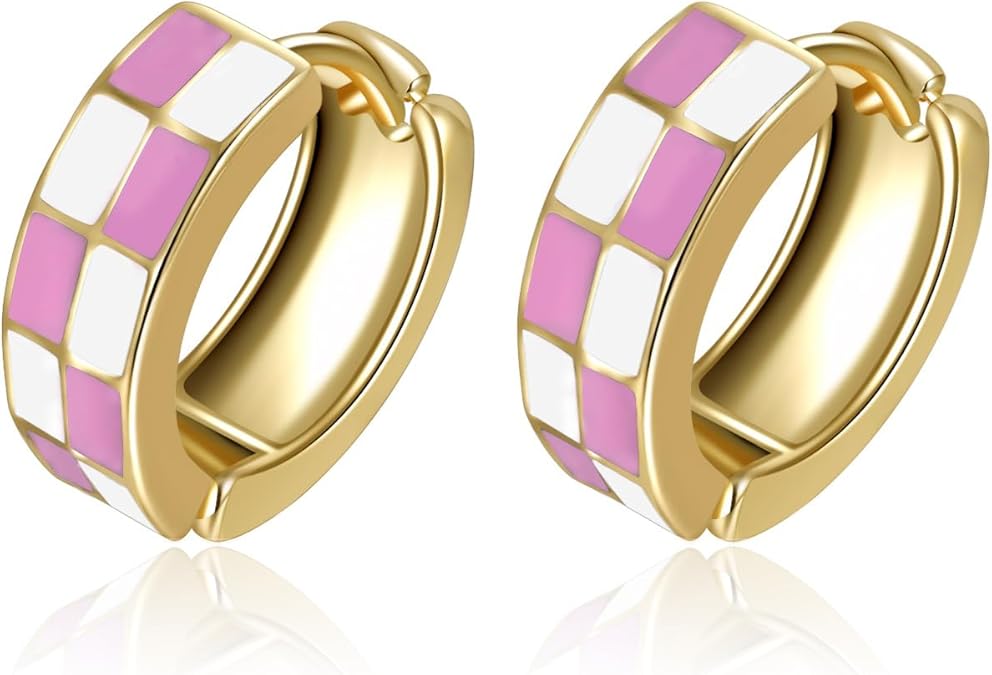 Chic Checker Small Hoop Cartilage Earrings Teacher Earrings for Women；White Black Enamel Hypoallergenic Hooped Gifts Gold and Silver tone EH-049