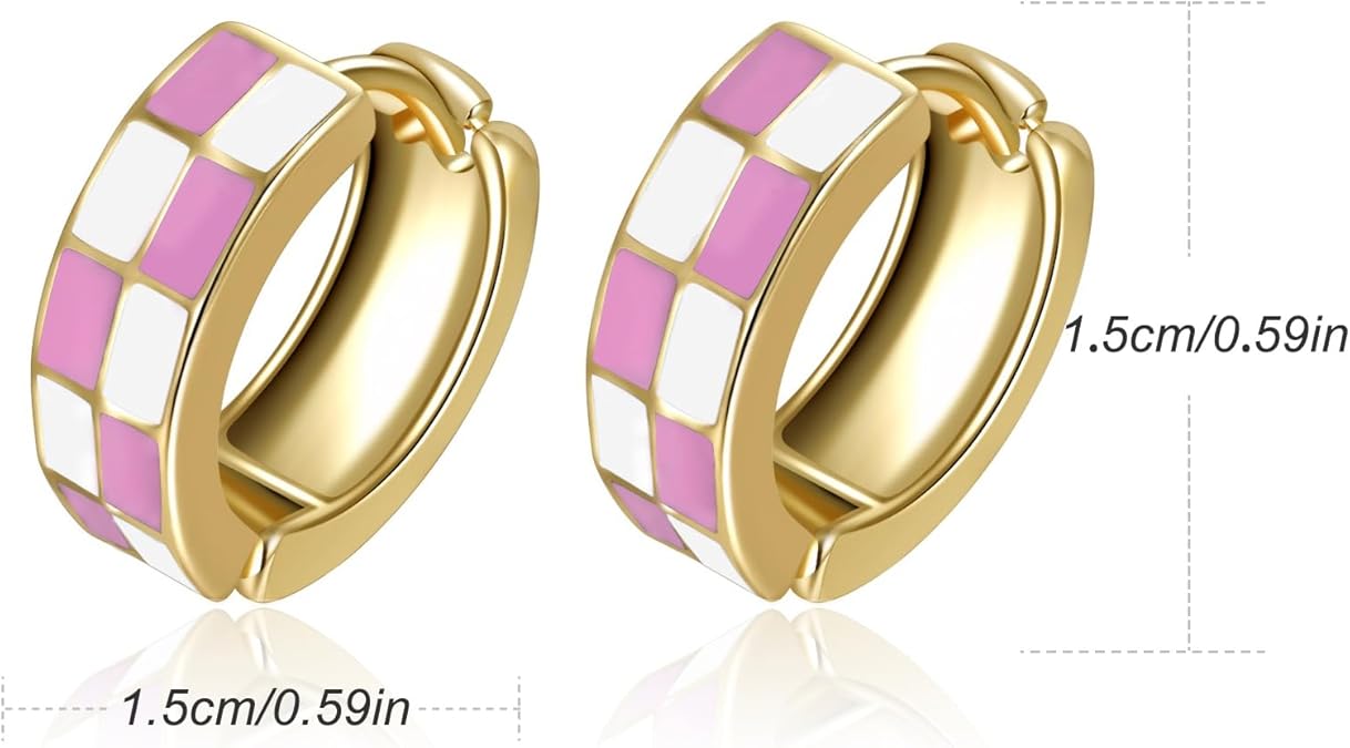 Chic Checker Small Hoop Cartilage Earrings Teacher Earrings for Women；White Black Enamel Hypoallergenic Hooped Gifts Gold and Silver tone EH-049