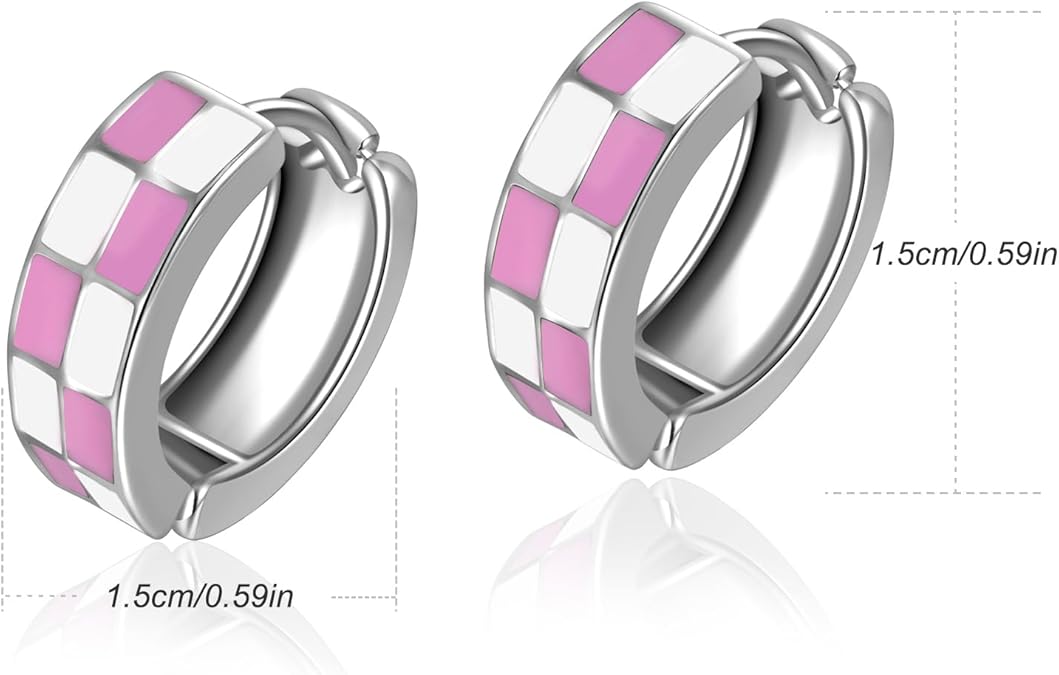 Chic Checker Small Hoop Cartilage Earrings Teacher Earrings for Women；White Black Enamel Hypoallergenic Hooped Gifts Gold and Silver tone EH-049