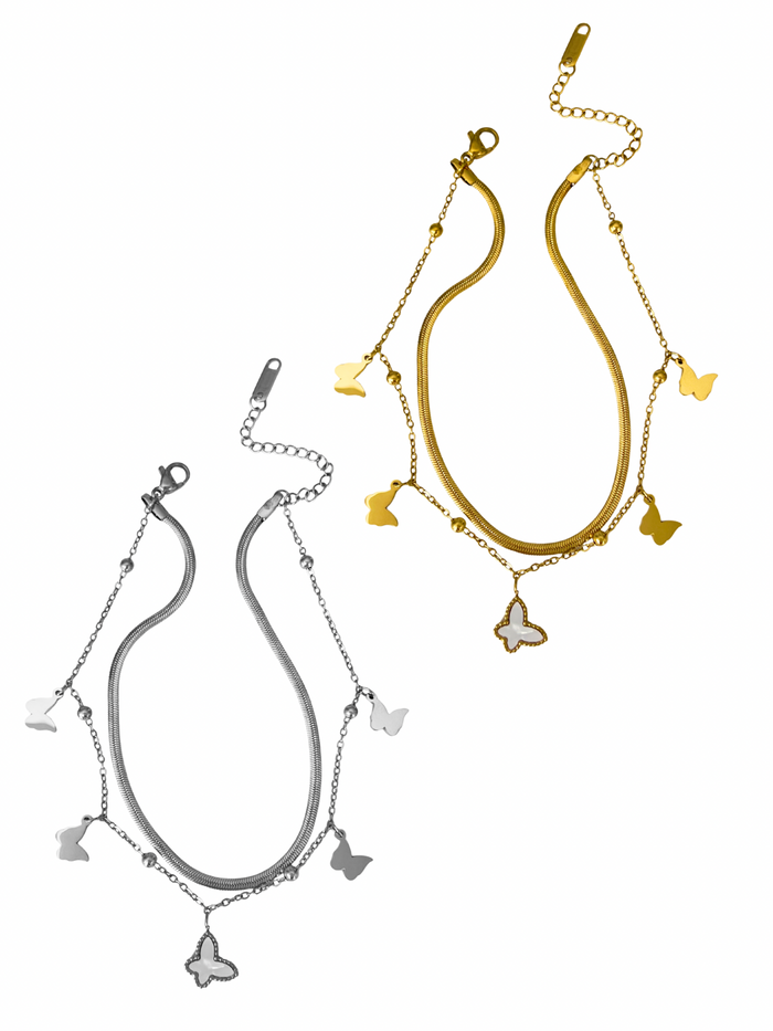 butterfly charm anklet layered design snake chain gold plated silver tone adjustable extender delicate dainty summer jewelry gift for her JL-001