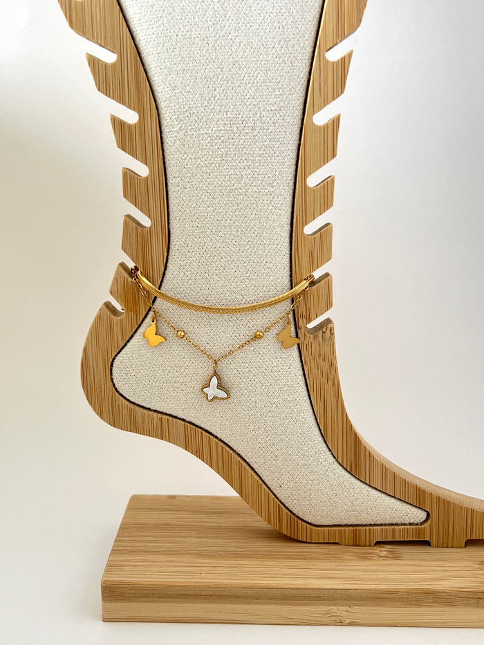 butterfly charm anklet layered design snake chain gold plated silver tone adjustable extender delicate dainty summer jewelry gift for her JL-001
