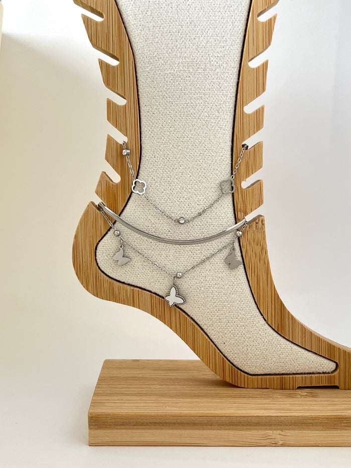 butterfly charm anklet layered design snake chain gold plated silver tone adjustable extender delicate dainty summer jewelry gift for her JL-001