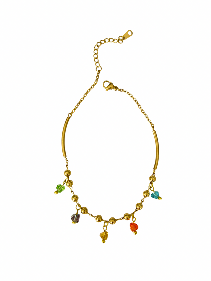 charm anklet ankle bracelet multicolor crystal dangle gold plated beaded chain adjustable extender boho style summer beach jewelry delicate dainty gift for her JL-002