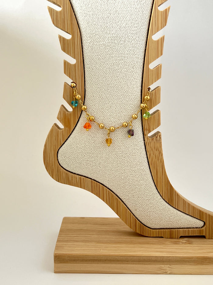 charm anklet ankle bracelet multicolor crystal dangle gold plated beaded chain adjustable extender boho style summer beach jewelry delicate dainty gift for her JL-002