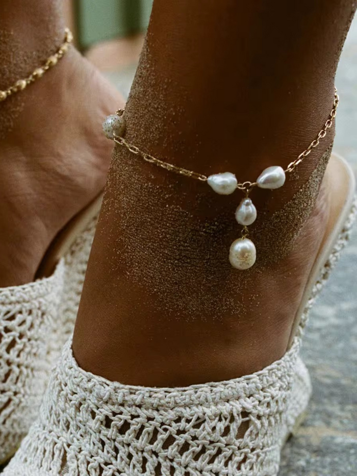 freshwater pearl anklet paperclip chain gold plated baroque pearl drop dangle adjustable extender dainty style elegant look summer beach gift jewelry JL-003