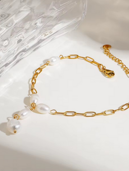 freshwater pearl anklet paperclip chain gold plated baroque pearl drop dangle adjustable extender dainty style elegant look summer beach gift jewelry JL-003