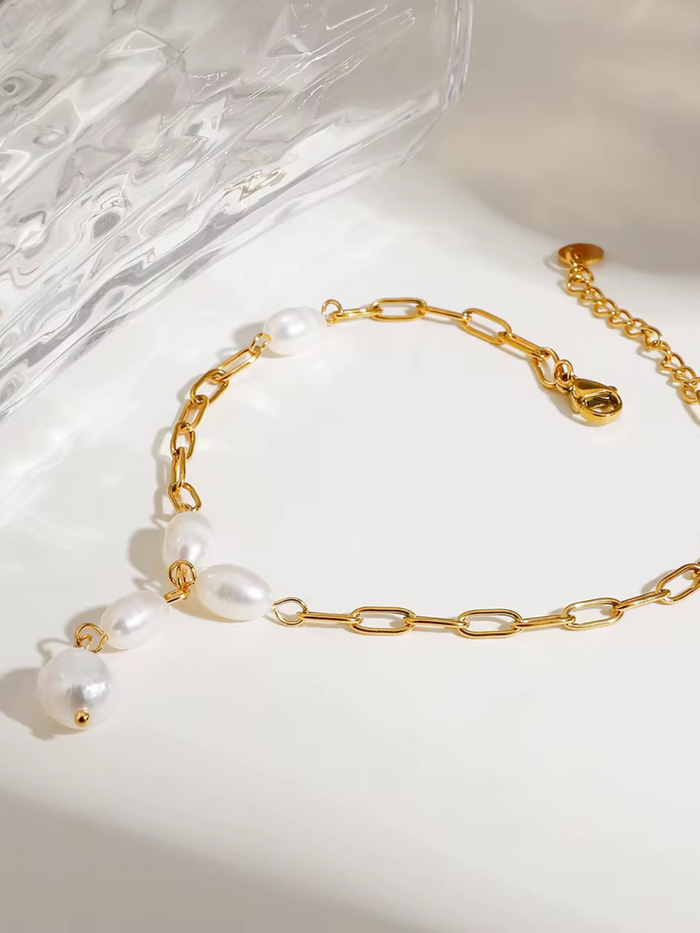 freshwater pearl anklet paperclip chain gold plated baroque pearl drop dangle adjustable extender dainty style elegant look summer beach gift jewelry JL-003
